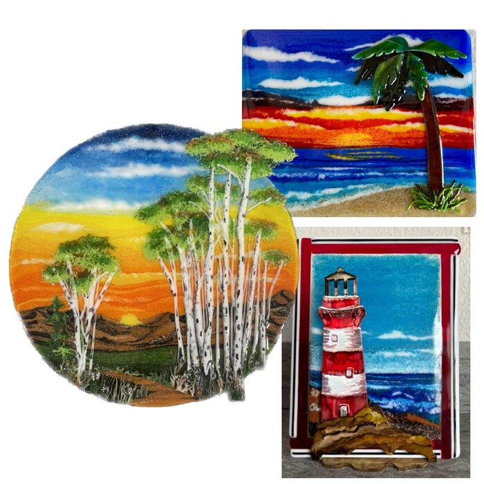 The Alcala Method tutorial cover: three fused-glass pieces made with layered fine frit, a sunset beach with a palm tree, a round birch landscape, and a lighthouse.