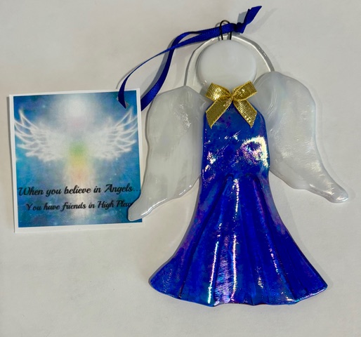 Angel Ornament: a fused-glass angel with iridescent blue gown and gold bow.
