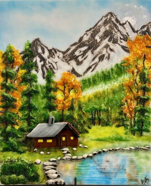 Mountains Tutorial cover: a fused-glass mountain scene with snowy peaks, autumn aspens, a log cabin, and a lake.