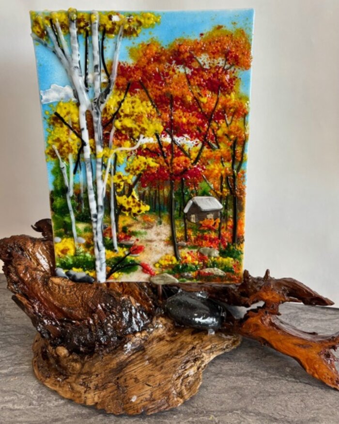 Fall scene panel of birches and maples in autumn color, mounted on driftwood, by Annie Dotzauer